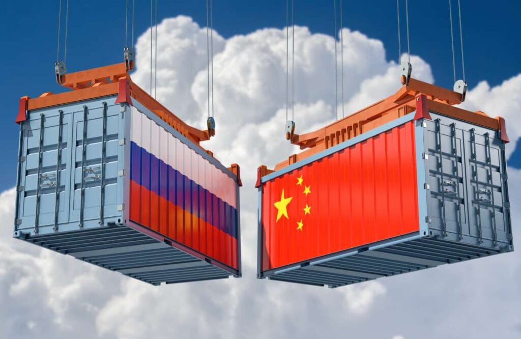 Freight,containers,with,russia,and,china,flag.,3d,rendering